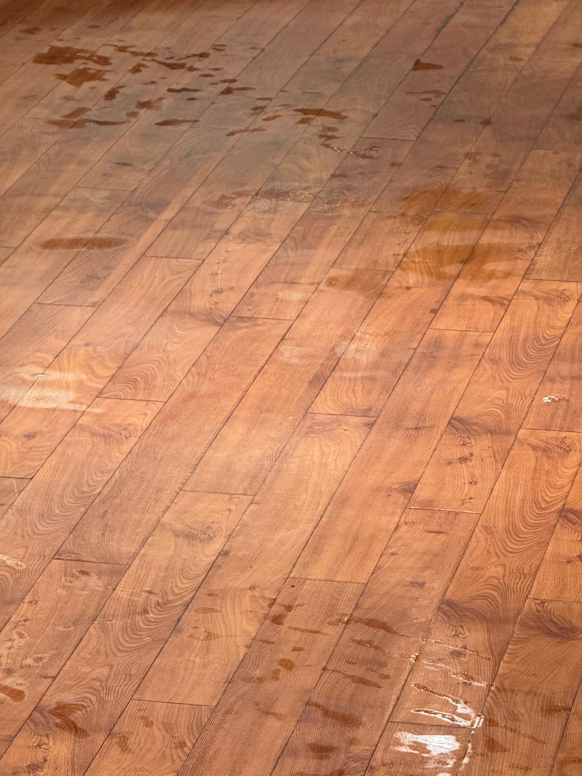 Stripped commercial wood floor ready for waxing