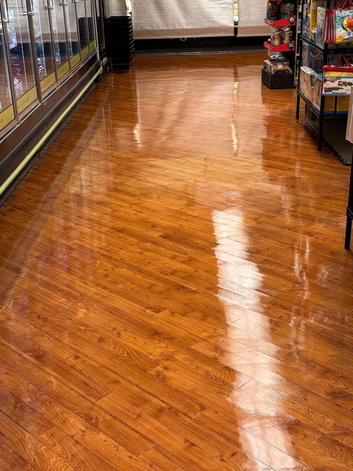Commercial wood floor after waxing